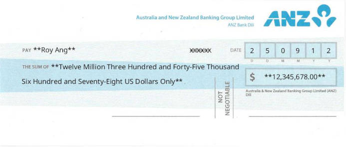 Printed Cheque of ANZ - Australia and New Zealand Banking Group in Timor-Leste Printed Cheque of ANZ - Australia and New Zealand Banking Group in Timor-Leste