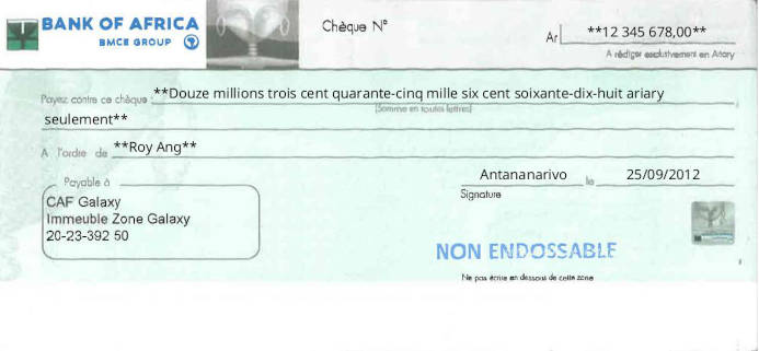 Printed Cheque of Bank of Africa in Madagascar Printed Cheque of Bank of Africa in Madagascar