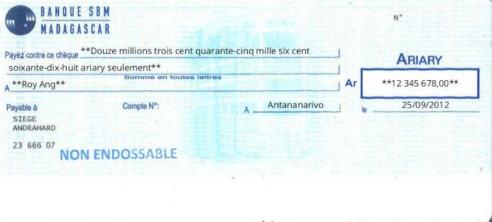 Write Banque SBM Madagascar Cheque Online Free Online Cheque Writer for Banque SBM Madagascar in Madagascar