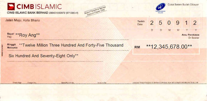 Printed Cheque of CIMB Islamic Bank in Malaysia