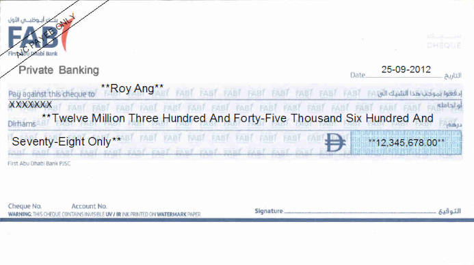 Printed Cheque of FAB - First Abu Dhabi Bank in UAE