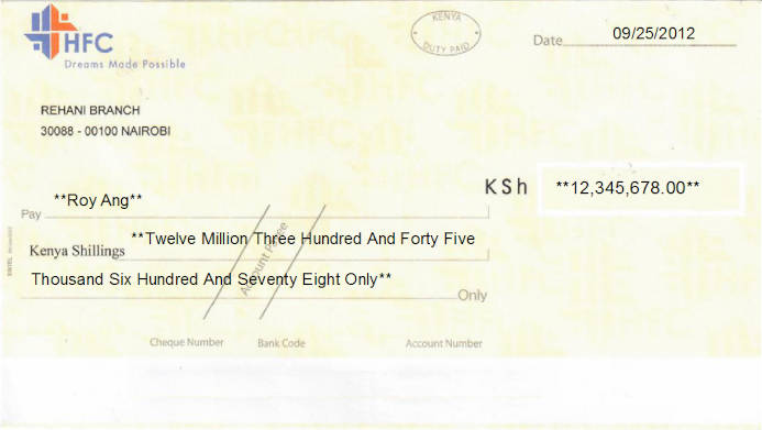 Printed Cheque of HFC in Kenya
