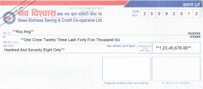 Printed Cheque of Nawa Bishwas Saving & Credit Co-operative in Nepal