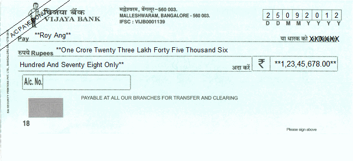 Printed Cheque of Vijaya Bank India Printed Cheque of Vijaya Bank India