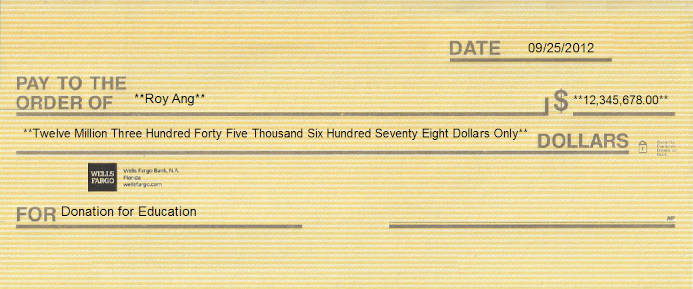 Printed Check of Wells Fargo Bank in United States